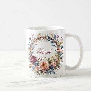 Eleganter Blumenkranz Aquarell personalisierter Na Kaffeetasse