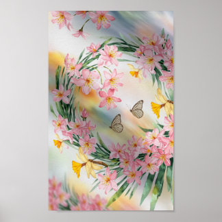 Eleganter Blumenkranz mit Schmetterlingen Poster