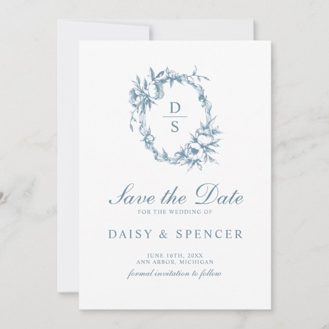 Eleganter Blumenkranz-Monogramm-Hochzeit Save The Date (Vorderseite)