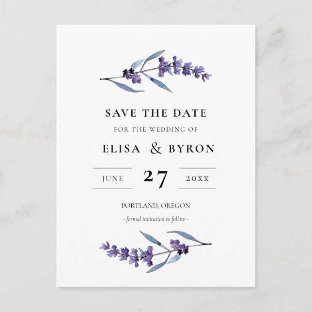 Eleganter Blumenlavender Save the Date Postkarte (Vorderseite)