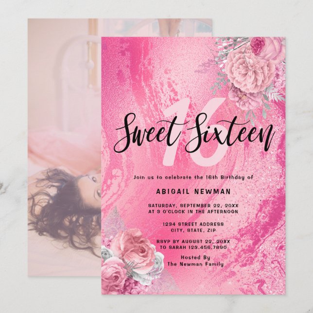 Eleganter Blumenmagenta Rosa Glitzer 16 . Geburtst Einladung (Vorne/Hinten)