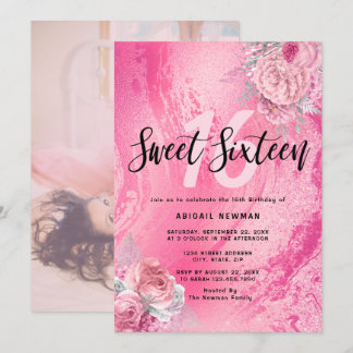 Eleganter Blumenmagenta Rosa Glitzer 16 . Geburtst Einladung