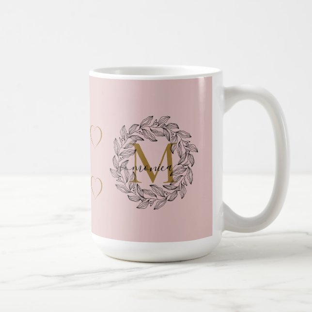 Eleganter Blumenname Initial Monogram Pink Black Kaffeetasse (Rechts)