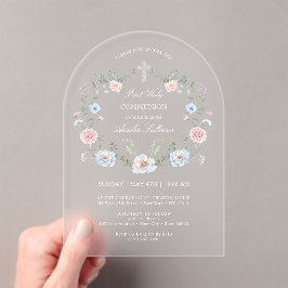 Eleganter Blumenrahmen Erste Heilige Kommunion Acryleinladungen