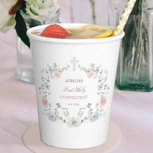 Eleganter Blumenrahmen Erste Kommunion Pappbecher