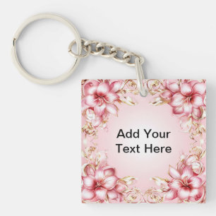 Eleganter Blumenrahmen mit rosa Lily Designs Schlüsselanhänger