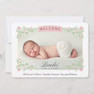 Eleganter Blumenrahmen Pink Baby Girl Foto Birth Ankündigung