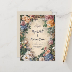 Eleganter Blumenrahmen Vintage Hochzeit - Termin v Ankündigungspostkarte