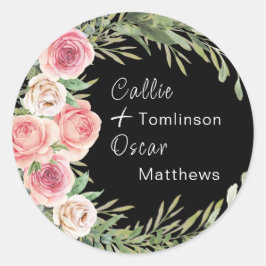 Eleganter Blumenreath auf Schwarze Hochzeit Runder Aufkleber