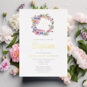 Eleganter Blumenreath Religious Girl Baptism Gold Folieneinladung