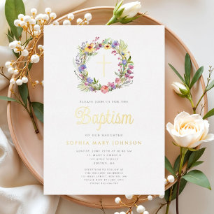 Eleganter Blumenreath Religious Girl Baptism Gold Folieneinladung