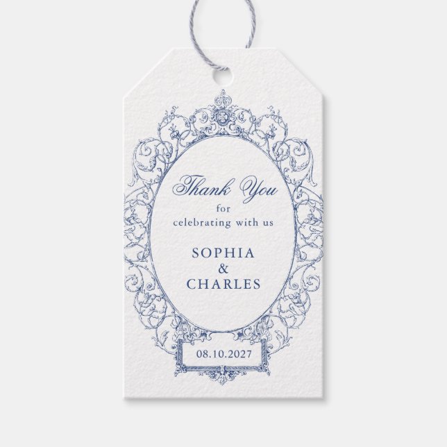 Eleganter Blumenzierrahmen Hochzeit Royal Blue Geschenkanhänger (Vorderseite)