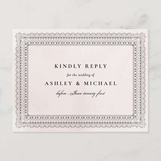 Eleganter Blush & Black Watercolor Lace Wedding RS Einladungspostkarte (Vorderseite)