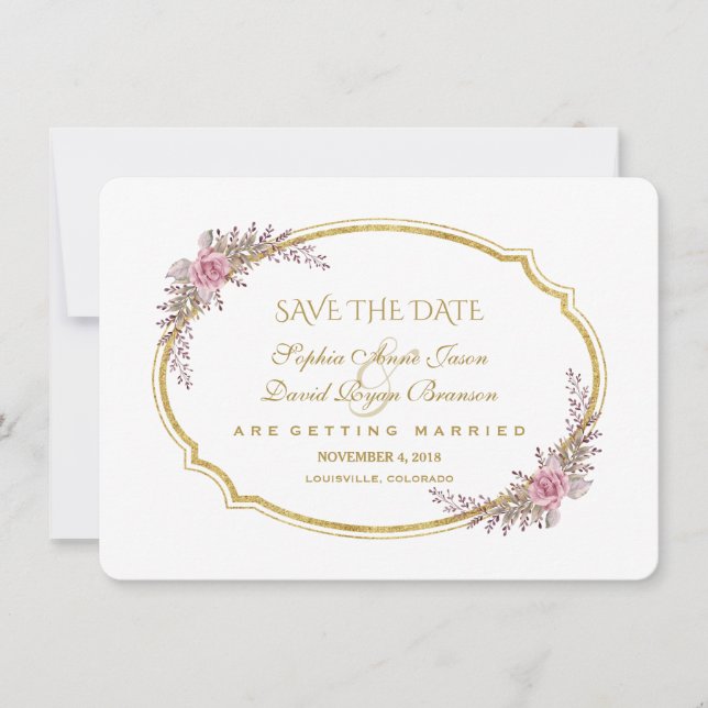 Eleganter Blush Bloral Gold Rahmen Save the Date (Vorderseite)