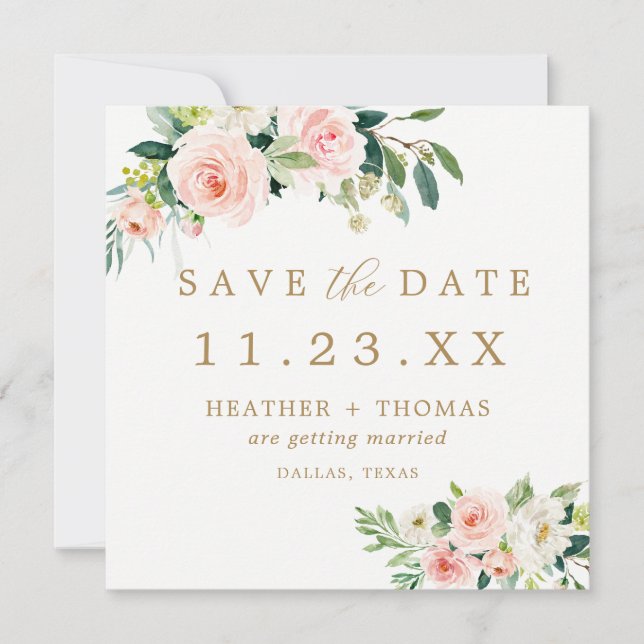 Eleganter Blush Bloral Save the Date Square Einladung (Vorderseite)