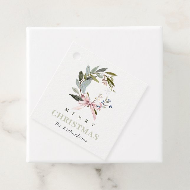 Eleganter Blush Blue Green Winter Weihnachtskranz Geschenkanhänger (Beispiel)