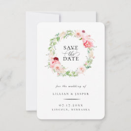 Eleganter Blush Blumenreath Save the Date Ankündigung