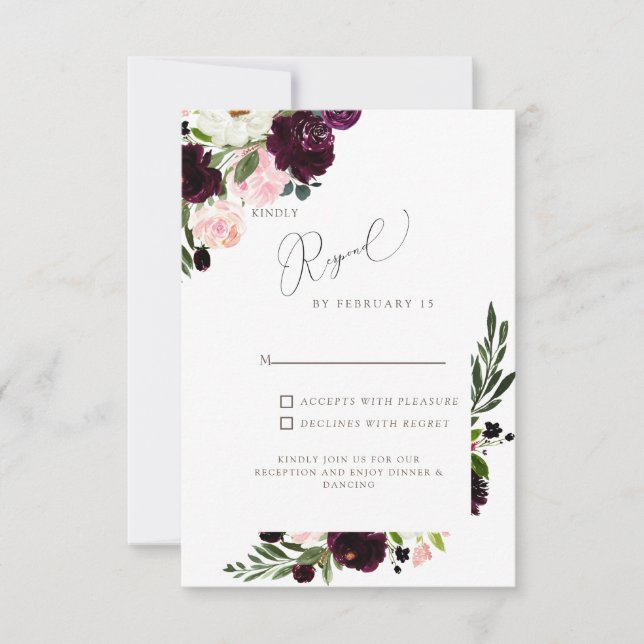 Eleganter Blush & Burgund Bloral Wedding RSVP (Vorderseite)