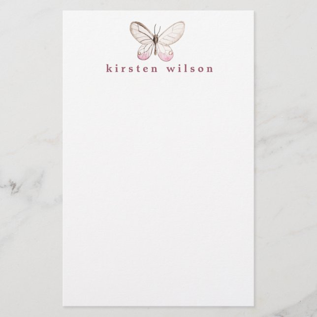 Eleganter Blush Butterfly Personalisiert  Briefpapier (Vorderseite)