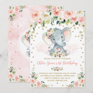 Eleganter Blush Floral Elephant Girl 1. Geburtstag Einladung