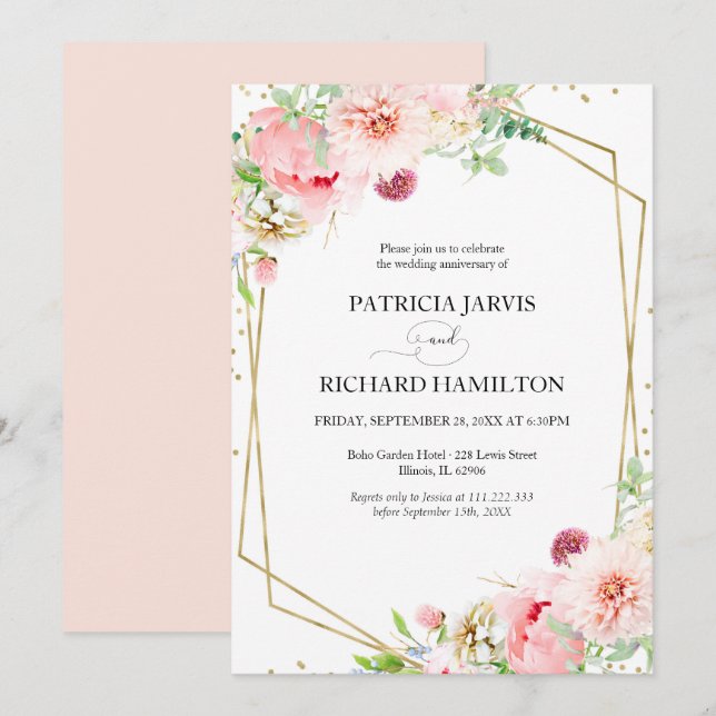 Eleganter Blush Geometric Wedding Jubiläum Einladung (Vorne/Hinten)