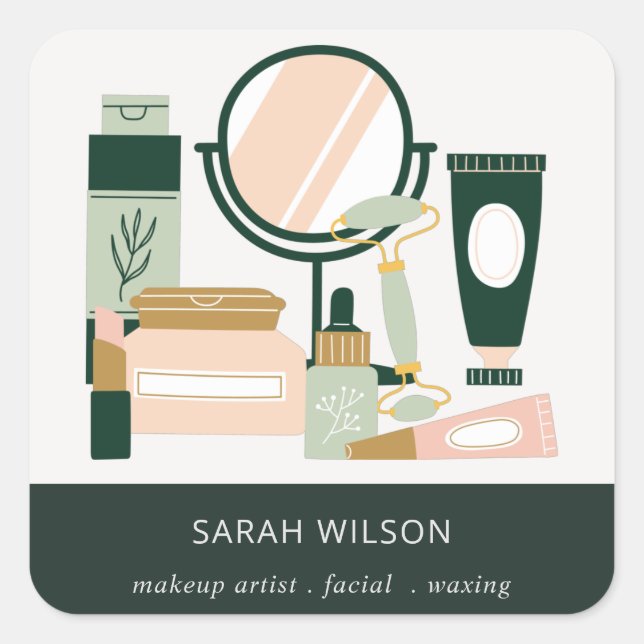 Eleganter Blush Green Makeup Artist Cosmologe Quadratischer Aufkleber (Vorderseite)