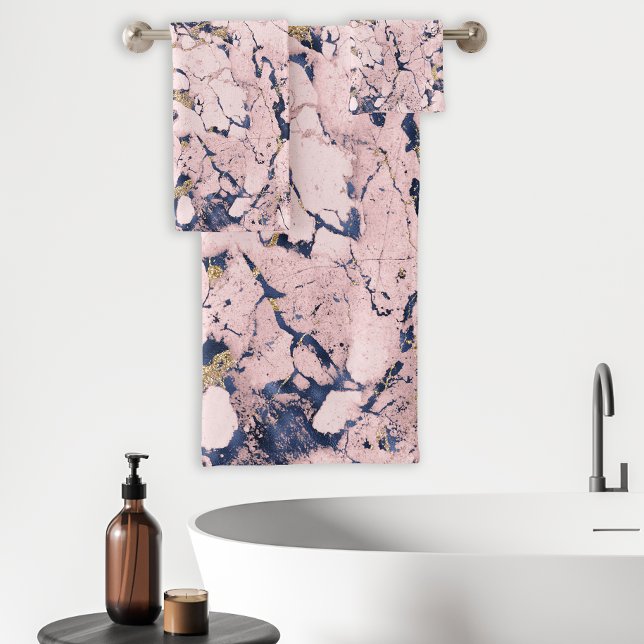 Eleganter Blush Navy Gold Marmor Badhandtuch Set (Von Creator hochgeladen)