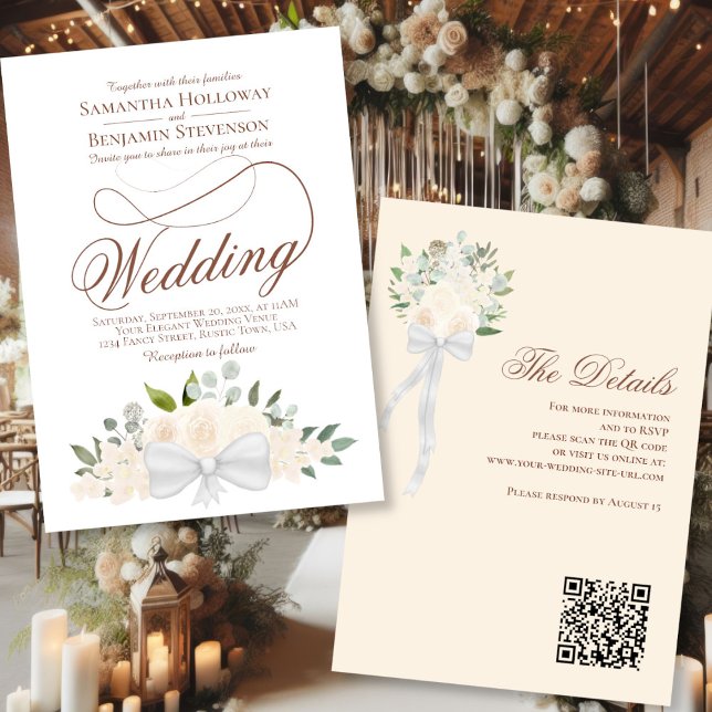 Eleganter Blush Peach Floral Bouquet QR Code Hochz Einladung (Front/Back)
