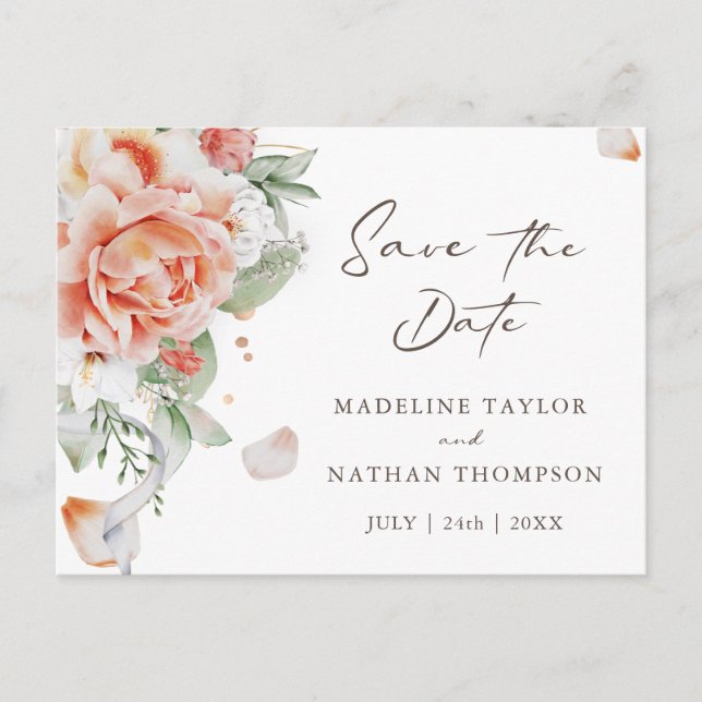 Eleganter Blush Peach Floral Save the Date Postkarte (Vorderseite)