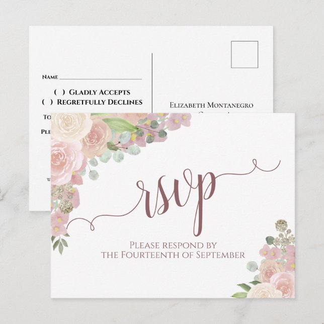 Eleganter Blush Pink Aquarell Blumenzwiebeln RSVP Postkarte (Vorne/Hinten)
