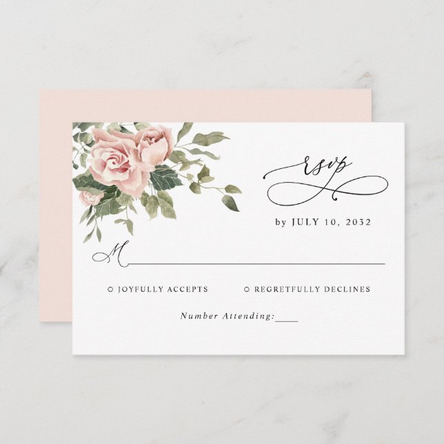 Eleganter Blush Pink Botanische Hochzeit RSVP (Vorne/Hinten)
