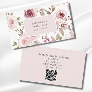 Eleganter Blush Pink Floral Event Planner QR Code Visitenkarte