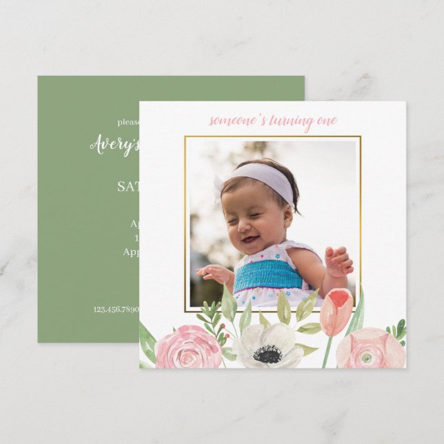 Eleganter Blush Pink Floral Frame Baby 1. Geburtst Einladung (Vorne/Hinten)