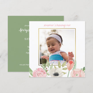 Eleganter Blush Pink Floral Frame Baby 1. Geburtst Einladung
