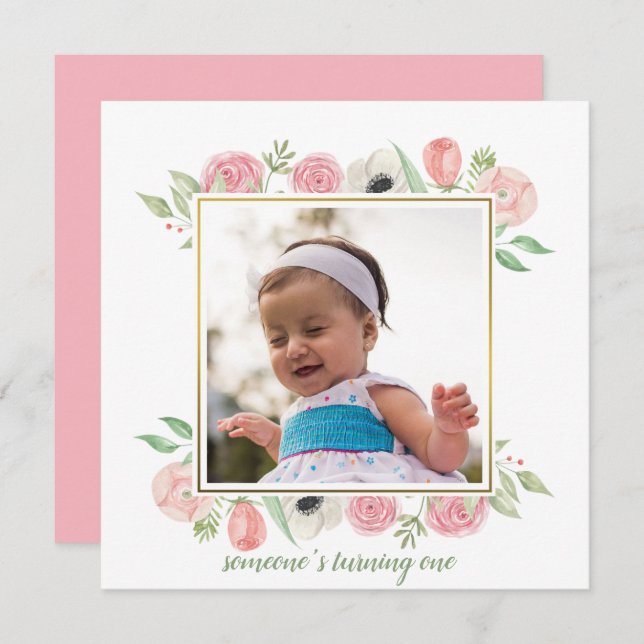 Eleganter Blush Pink Floral Frame Baby 1. Geburtst Einladung (Vorne/Hinten)