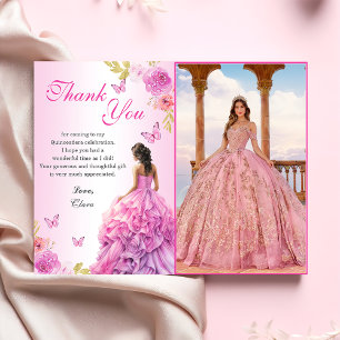 Eleganter Blush Pink Floral Quinceañera Geburtstag Dankeskarte