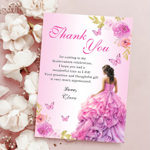 Eleganter Blush Pink Floral Quinceañera Geburtstag Dankeskarte