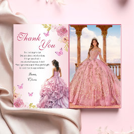 Eleganter Blush Pink Floral Quinceañera Geburtstag Dankeskarte
