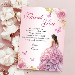 Eleganter Blush Pink Floral Quinceañera Geburtstag Dankeskarte
