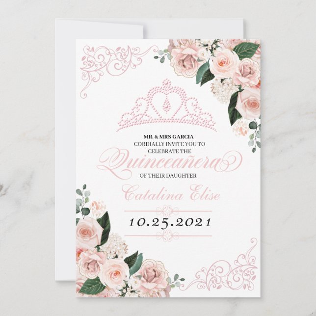 Eleganter Blush Pink Floral Quinceanera Geburtstag Einladung (Vorderseite)