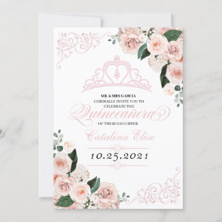 Eleganter Blush Pink Floral Quinceanera Geburtstag Einladung