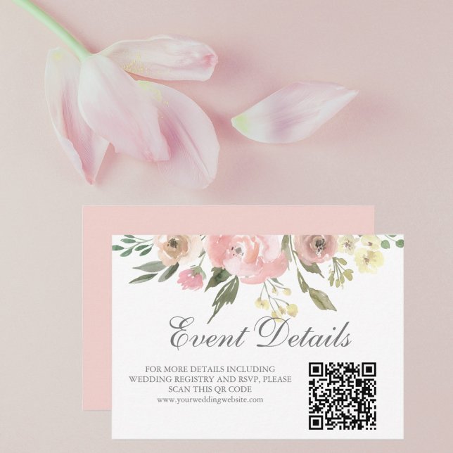 Eleganter Blush Pink Floral Wedding Details QR Cod RSVP Karte (Von Creator hochgeladen)