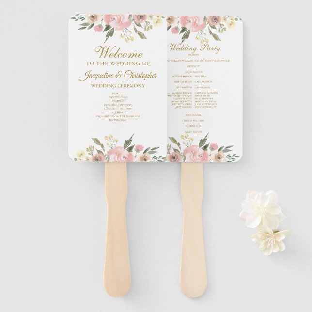 Eleganter Blush Pink Gold Floral Wedding Program F Fächer (Vorne und Hinten)