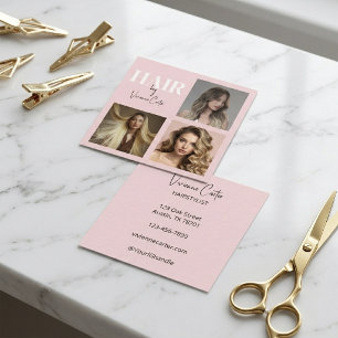Eleganter Blush-Pink-Schrift-3-Foto-Friseur Quadratische Visitenkarte