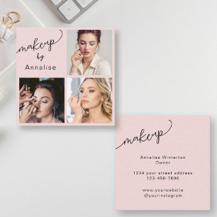 Eleganter Blush-Pink-Schwarz-Script-3-Foto-Make-up Quadratische Visitenkarte