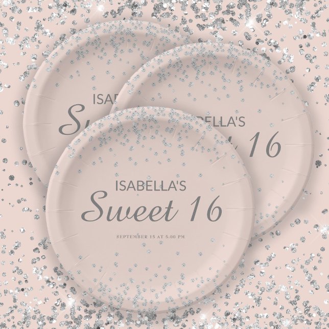 Eleganter Blush Pink Silver Glitzer Sweet 16 Name Pappteller (Von Creator hochgeladen)