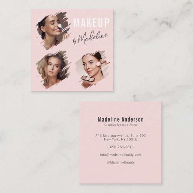 Eleganter Blush Rosa Schwarz Schrift 3 Foto Make-u Quadratische Visitenkarte (Vorne/Hinten)