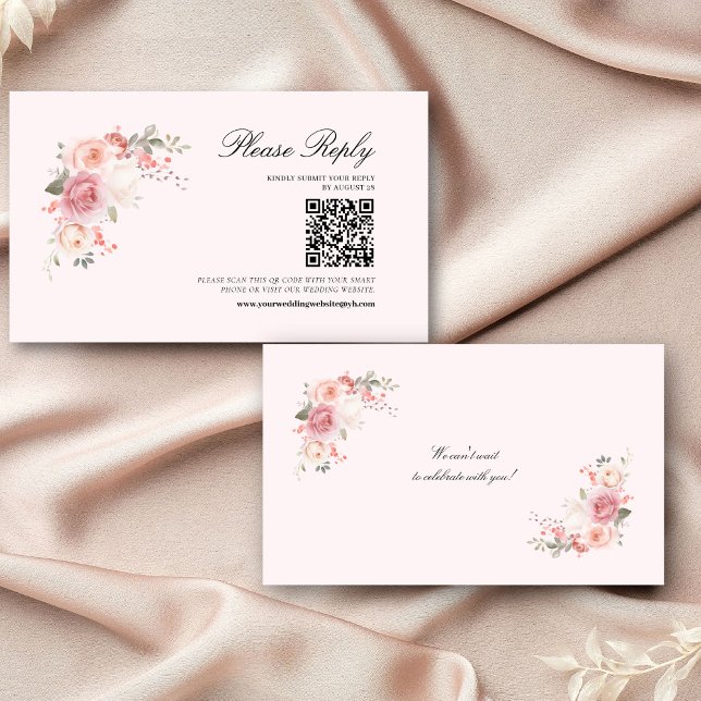Eleganter Blütenrosa QR-Code Hochzeitsszenario RSV Begleitkarte (Von Creator hochgeladen)