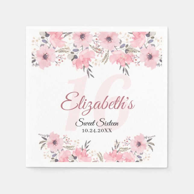 Eleganter Blütenrot Rosa Sweet 16 Serviette (Vorderseite)