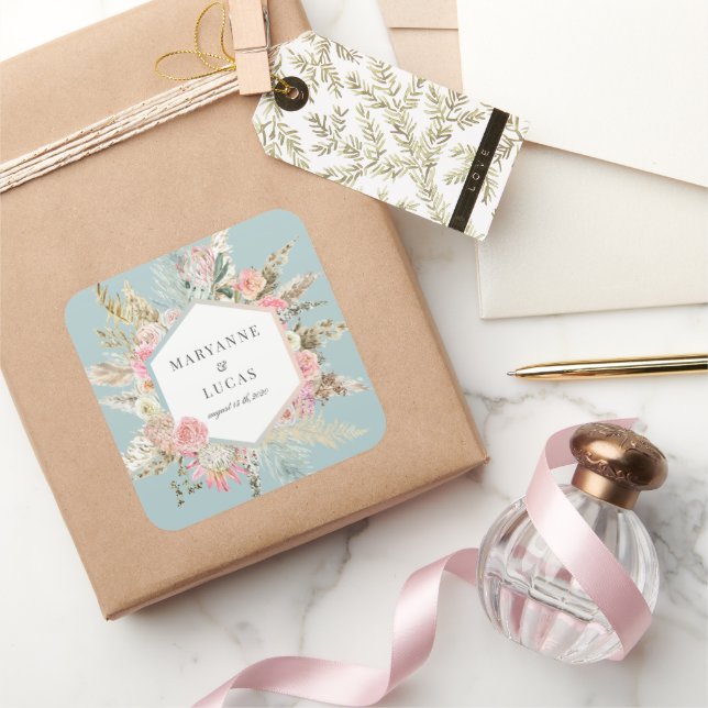 Eleganter Bohemischer Floral Monogram Square Aufkl Quadratischer Aufkleber (Schenken)